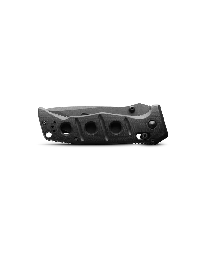 Black G10 handle with ergonomic contour and lanyard hole