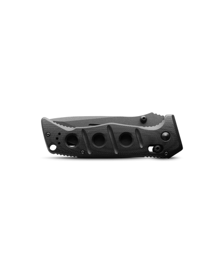 Black G10 handle with ergonomic contour and lanyard hole