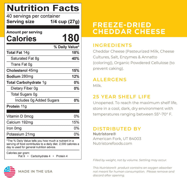 Nutristore Freeze Dried Cheddar Cheese Nutrition Facts