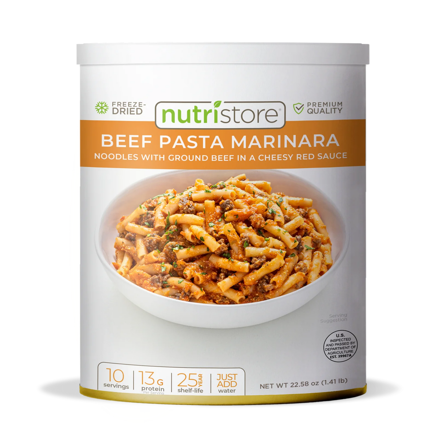 can of Nutristore freeze dried beef pasta marinara