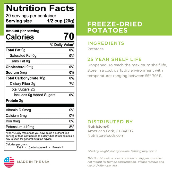 Nutristore Freeze Dried Potatoes Nutrition Facts