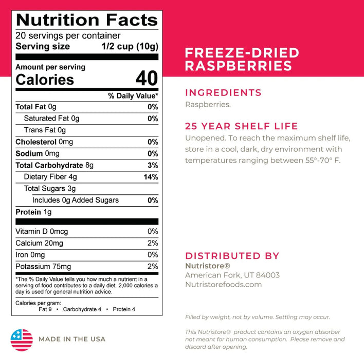 Nutristore Freeze Dried Raspberries Nutrition Facts