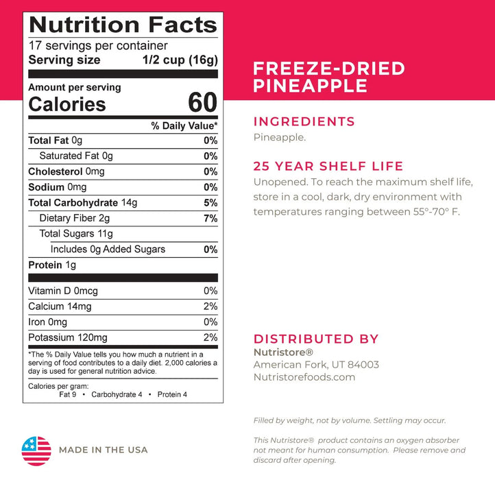 Nutristore Freeze Dried Pineapple Nutrition Facts