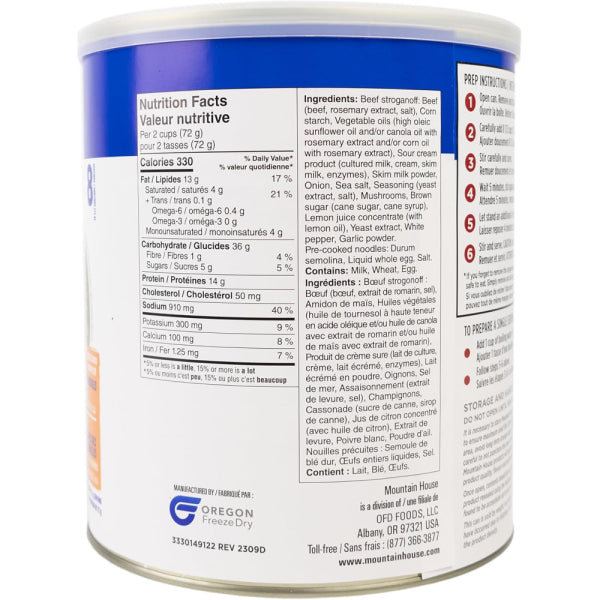 Mountain House Beef Stroganoff can with nutritional label and ingredients