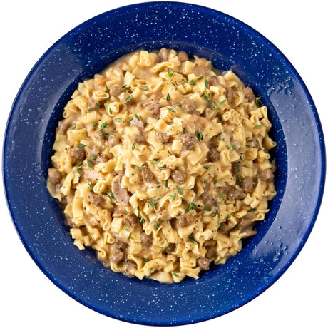 Prepared Mountain House Beef Stroganoff meal in a bowl