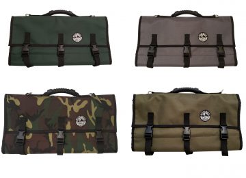 Four Bug Out Roll Lite's side by side on a white background. The top left roll is in a forest green,  the top right roll is in a dark grey, the bottom left has an army coloring, and the bottom right is in an olive color.