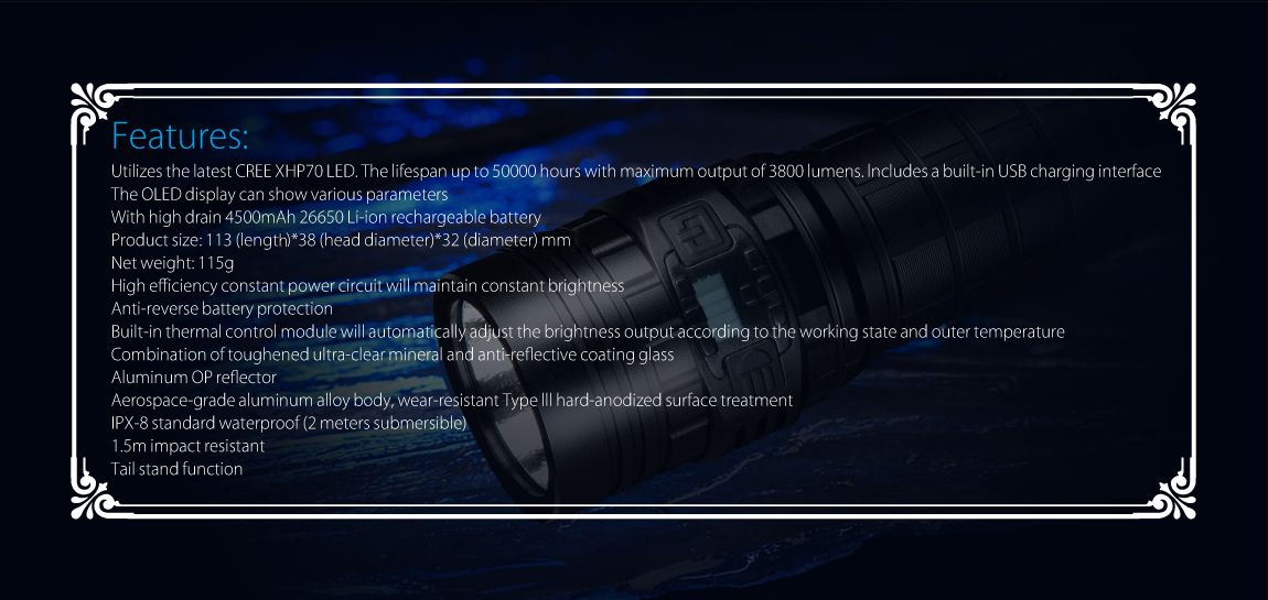 Features of the Imalent Dn 70 Micro Flashlight. The flashlight in the background with a white chart over top.