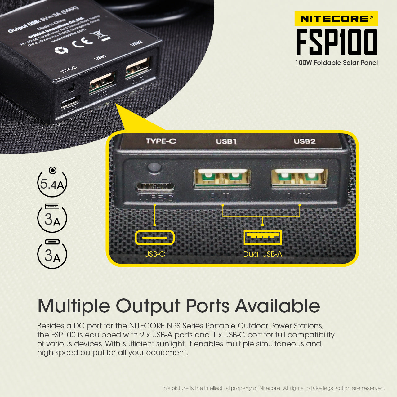 A usb c and dual usb A port of the FSP100 Nitcore solar panel.