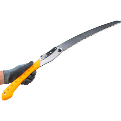 Man wearing black and grey gardening glove holding the BIGBOY 2000 XL Folding Saw. The saw has a bright orange handle and a sharp rigid blade for cutting and sawing.