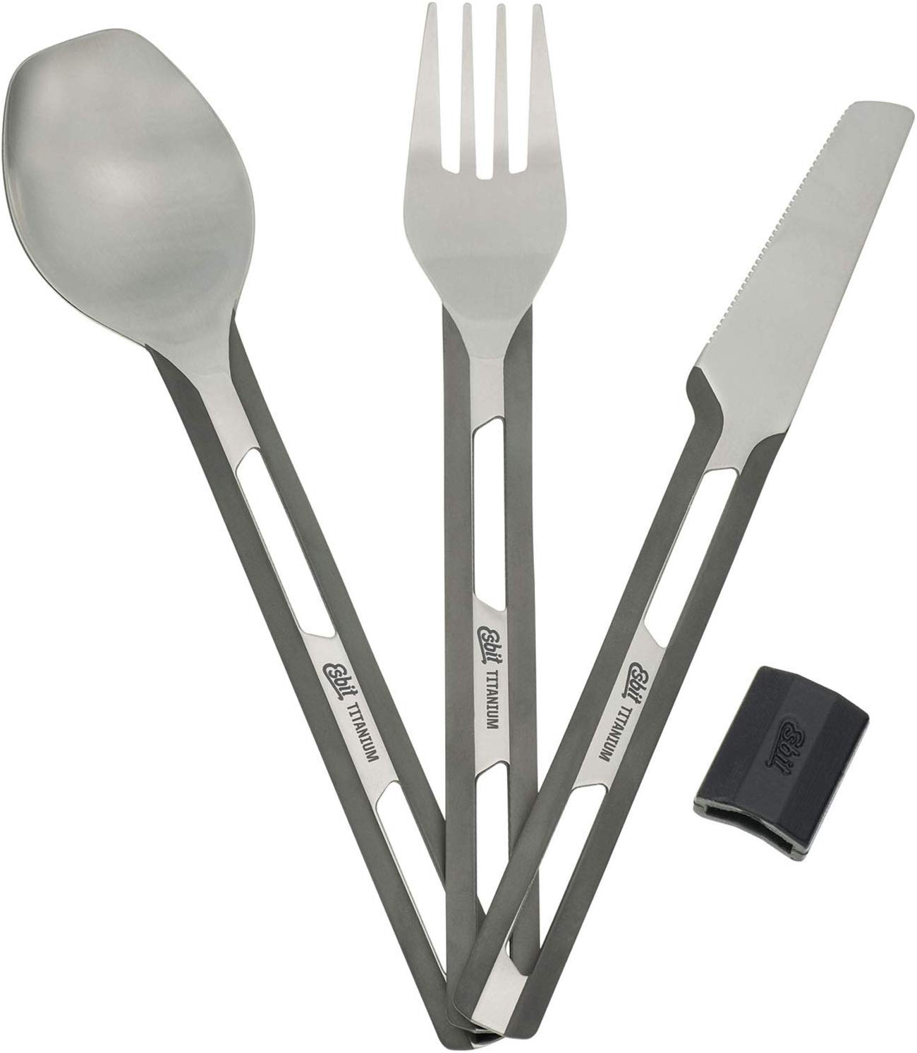 Esbit Titanium portable cutlery with the black silicone sleeve on a white background.