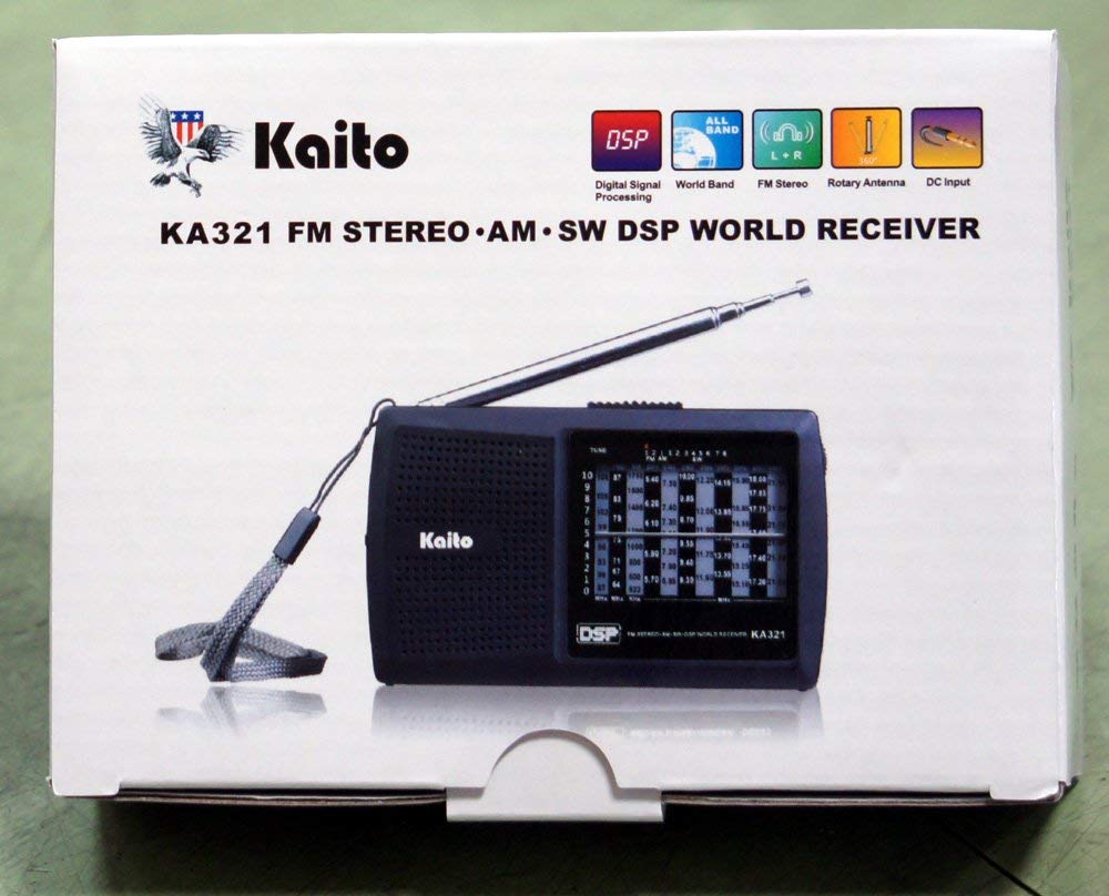 Kaito Ka321 Product box with the labels 'Digital Signal Processing' 'World Band' 'Fm Stereo' 'Rotary Antenna' and 'DC Input'.