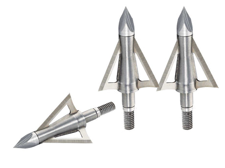 Three Stainless Steel Boltcutter B.A.T Broad heads on a white background.