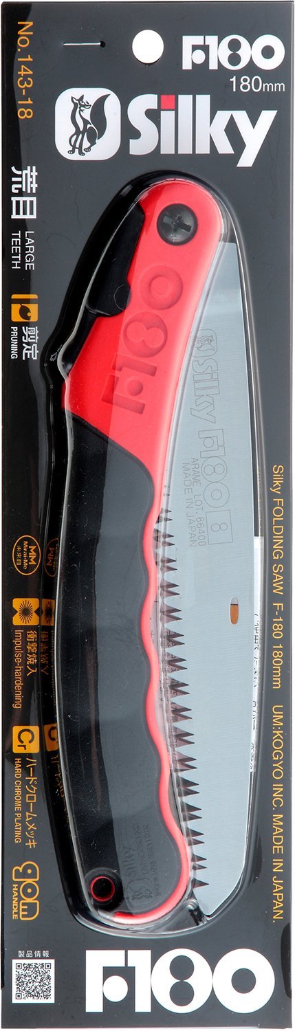 Front view of the Silky F-180 Silky saw with japanese japanese calligraphy aka. Shuji.