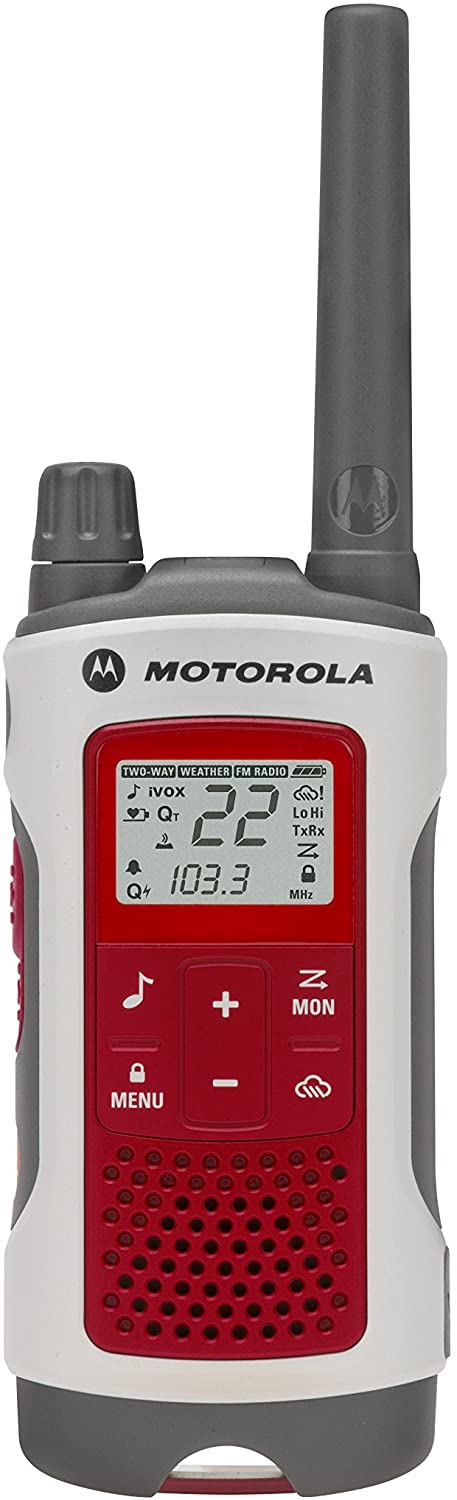 Motorola Talkabout T4800 Emergency walkie talkie in red and white with a black dial and antenna. 