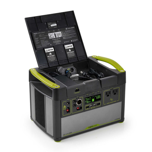 Goal Zero 1400 Lithium portable power station with dual usb and a usb c port. The Power station is a black and green design with a storage compartment for cable management. 