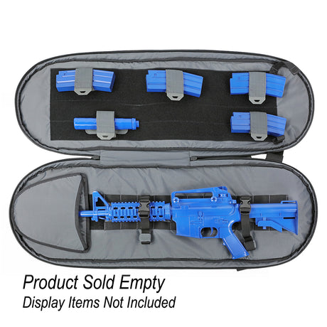 A blue m16 assault rife encased in the Rackit 36 Covert Rifle Pack.