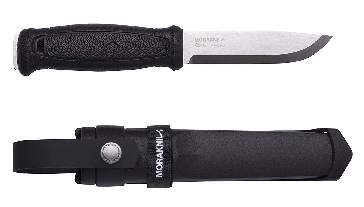 Morakniv Garberg Knife with a Black handle grip, window basher and a full tang fixed blade. A sheath with the Morakniv logo in black.