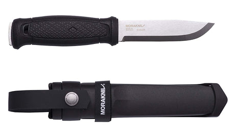 Morakniv Garberg Knife with a Black handle grip, window basher and a full tang fixed blade. A sheath with the Morakniv logo in black.