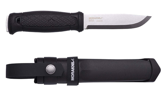 Morakniv Garberg Knife with a Black handle grip, window basher and a full tang fixed blade. A sheath with the Morakniv logo in black.