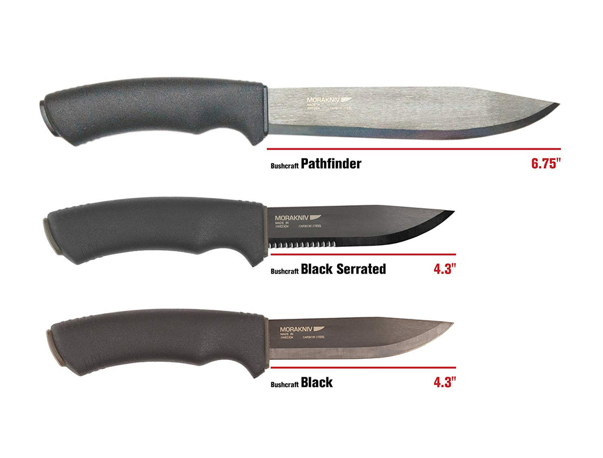 The Morakniv Pathfinder, Bushcraft Black serrated and the Bushcraft Black Knives. The pathfinder is largest at 6.75 inches, the black serrated and bushcraft black are both 4.3" in blade length.