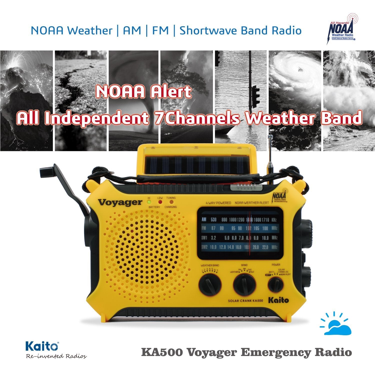Kaito KA500L LITHIUM Handheld Radio + Reading Lamp with 4-way Powered Emergency AM/FM/SW NOAA Weather Alert Solar and Hand Crank