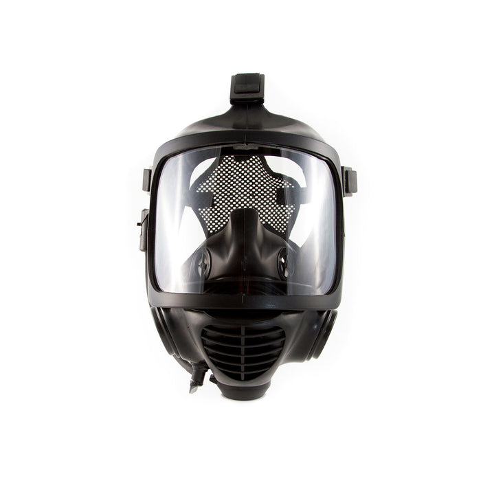 Front view of the CM-6M Tactical Gas Mask without the drinking straw attachment, In a Black finish. A full vision mask is shown, the straps are seen on each edge and the repirator unit below the mask.