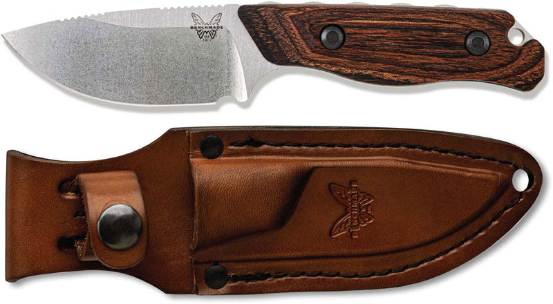 Benchmade Hidden Canyon Hunter 15017 showing satin drop‑point blade, stabilized wood handle and leather sheath