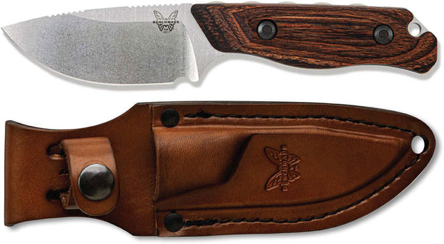 Benchmade Hidden Canyon Hunter 15017 showing satin drop‑point blade, stabilized wood handle and leather sheath