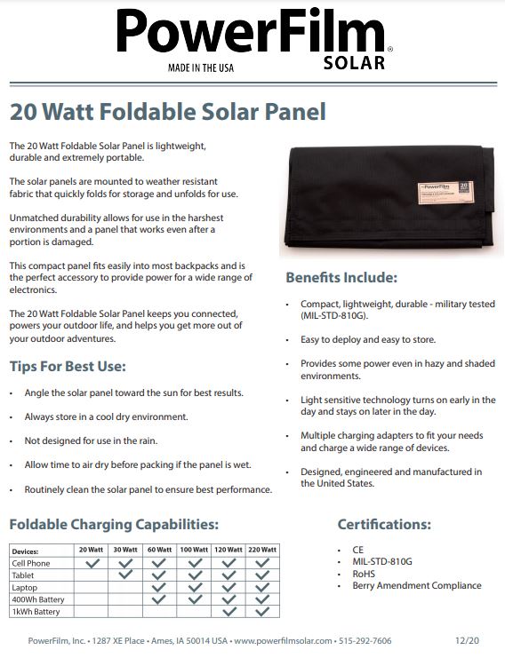 Powerfilm 20 Watt Foldable Solar Panel (F16-1200)