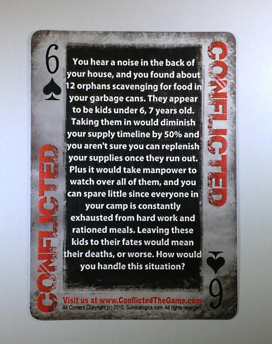 An example card from the Conflicted Deck #1 The Downfall is shown with a large body of text explaing a survival scenario where your supply line is diminshed by 50%. The card number is 6.
