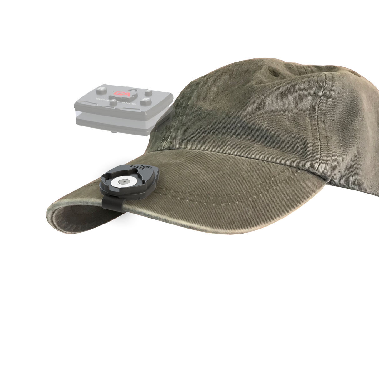 A Guardian Angel Safety light mounted on a hat brim using a magnetic clip.