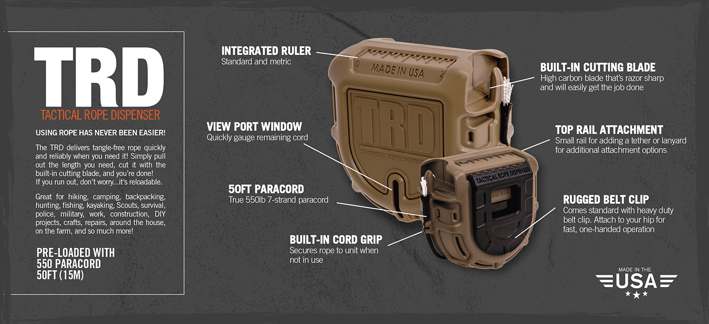 Atwood Tactical Rope Dispenser preloaded with 550 paracord Specifications