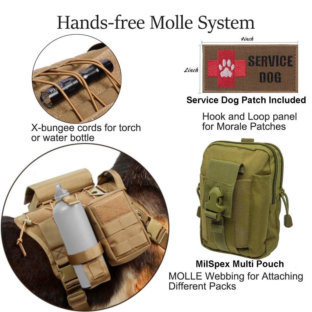 Diagram of the Hands-Free Molle dog vest system. The X-bungee cords for a water bottle or flashlight, the service dog branded patch, the water bottle holder and milspex webbing for attaching packs like a first aid kit.