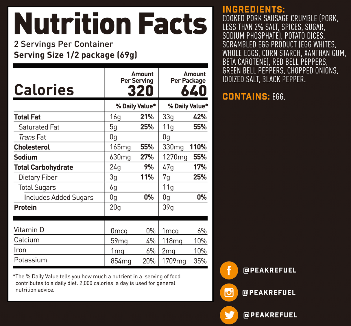 Peak Refuel- Breakfast Skillet Pouch Nutrition Facts