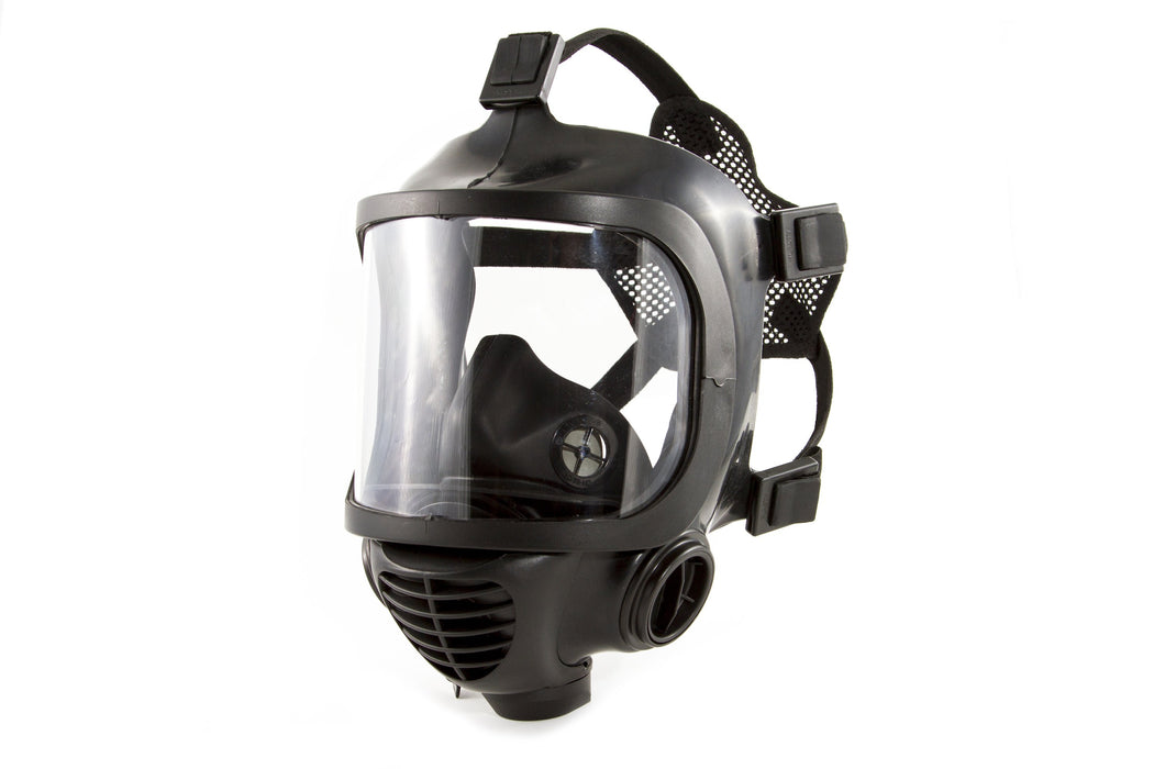 Side view of the CM-6M TACTICAL GAS MASK without drinking straw. Showcasing the respirator vents and the outside of the respirator filter zones. The head straps are shown attached to a netting that rests on the back of a persons head to keep the mask in place. All in a black rubber textured appearance on a white background.