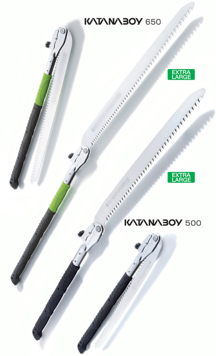 Comparing the Katanaboy 650mm to the Katanaboy 500 mm on a white background. Both the 650 and the 500 show the extra large versions of the blade.
