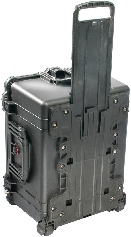 The roller wheel suit case design of the Pelican 1620 Protector Case in Black.