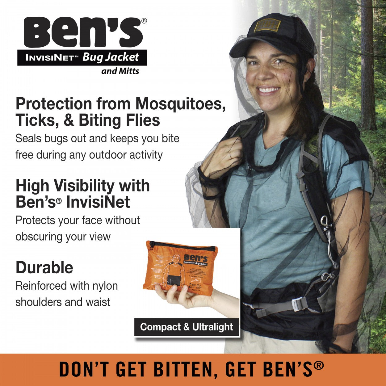 Advertisement of the Ben's Invisinet Bug Jacket and Mitts with Descriptions: 'Protection from Mosquitoes, Ticks, & Biting Flies' 'High Visibility with Ben's InvisiNet' and "Durable reinforced with Nylon.'