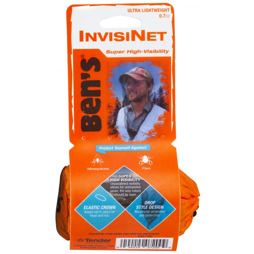 Front product view of Ben's Invisinet Super High-Visibility Head Net. Descriptions 'Protect yourself against mosquitoes and flies' 'Elastic Crown'and 'Drop Style Design.'