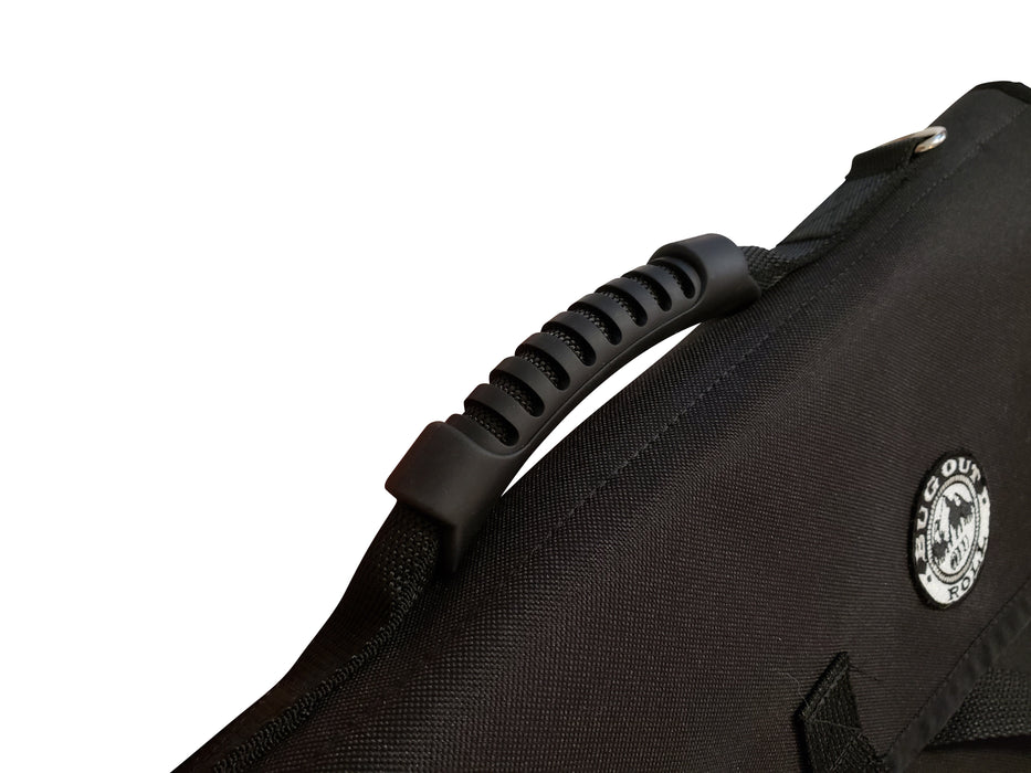 Closeup of the heavy duty rubber handle of the Bug Out Roll Lite in Black.