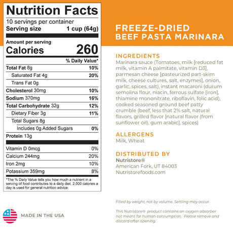 Nutrition label of Nutristore's Freeze Dried Beef Pasta Marinara