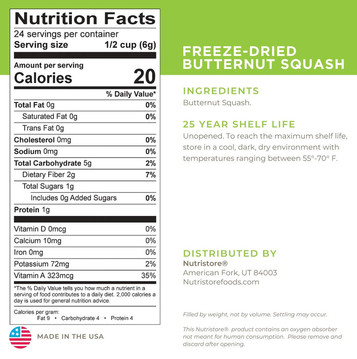 Nutristore Freeze Dried Butternut Squash Nutrition Facts
