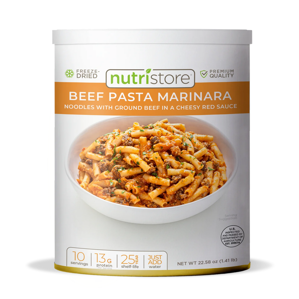 can of Nutristore freeze dried beef pasta marinara