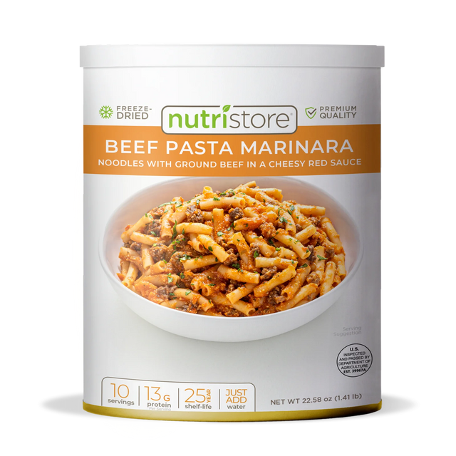 can of Nutristore freeze dried beef pasta marinara