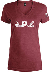 Women's Red Nobody Panic V-Neck T-Shirt