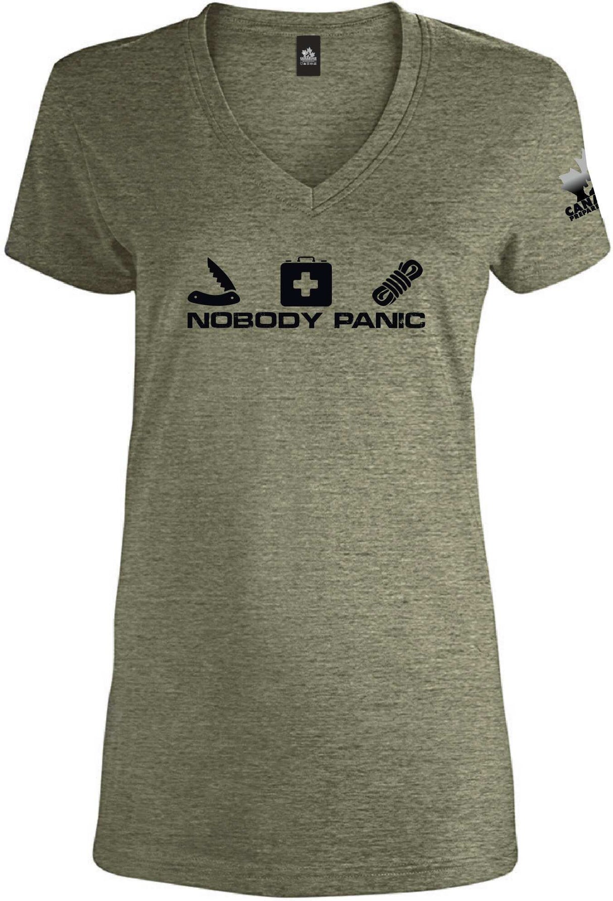 Women's Nobody Panic V-Neck T-Shirt | Canadian Preparedness