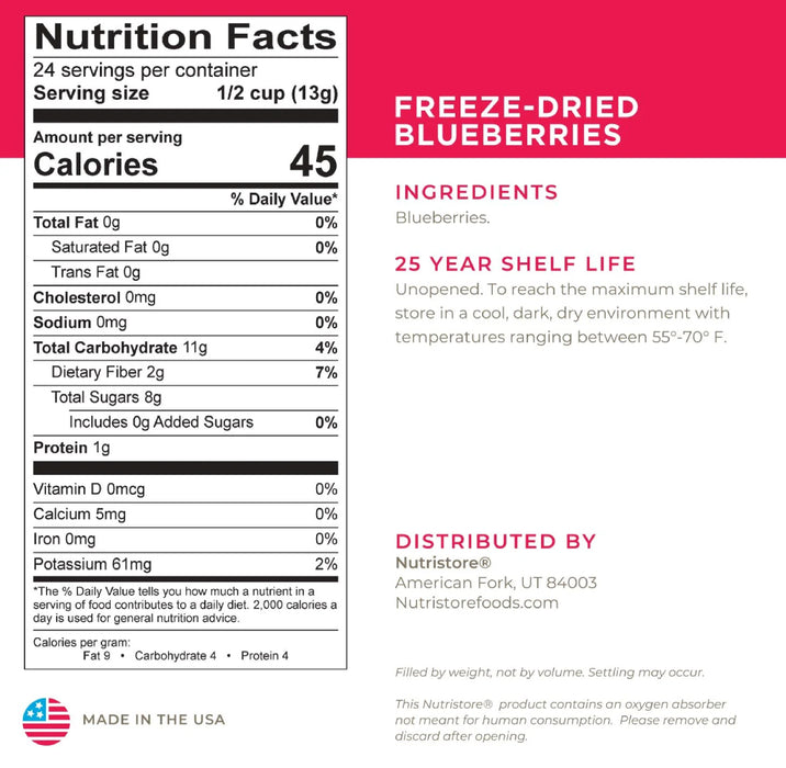 Nutristore Freeze Dried Blueberries Nutrition Facts