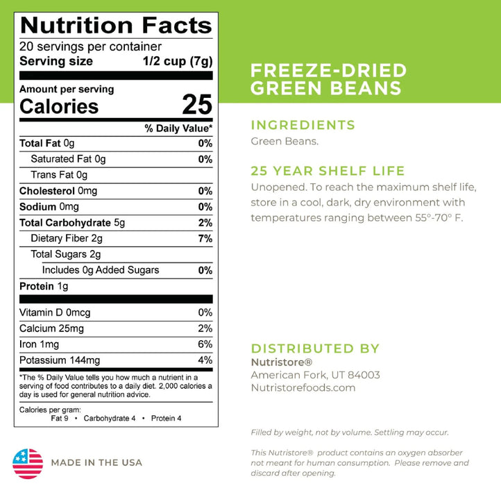 Nutristore Freeze Dried Green Beans Nutrition Facts