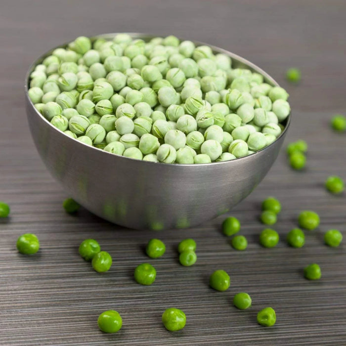 Nutristore Freeze Dried Green Peas in a stainless steel bowl