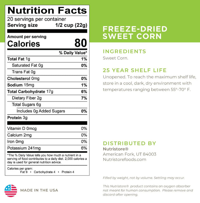 Nutristore Freeze Dried Sweet Corn Nutrition Facts